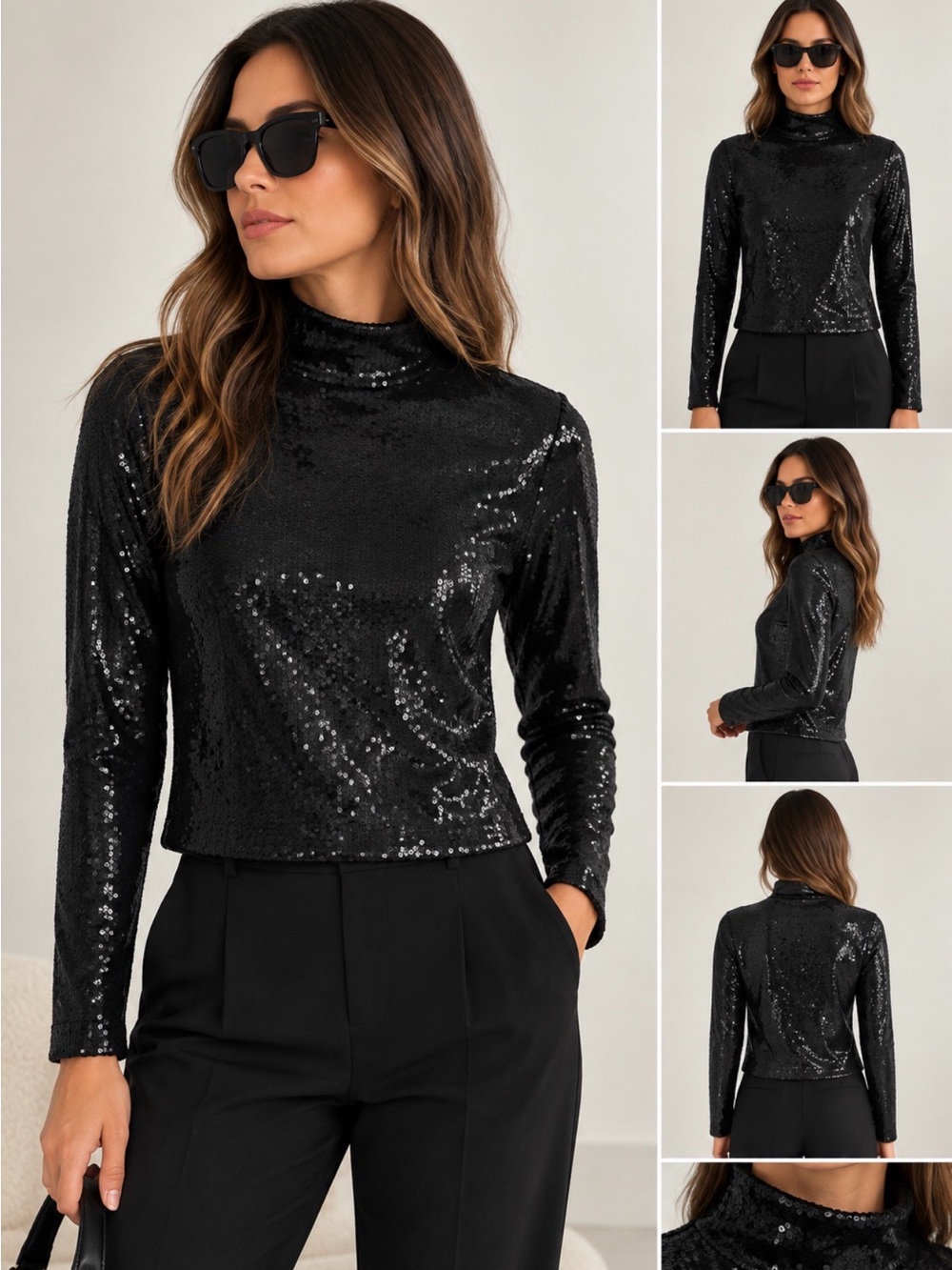 Express Black Sequin Long-Sleeve Mock Neck Top